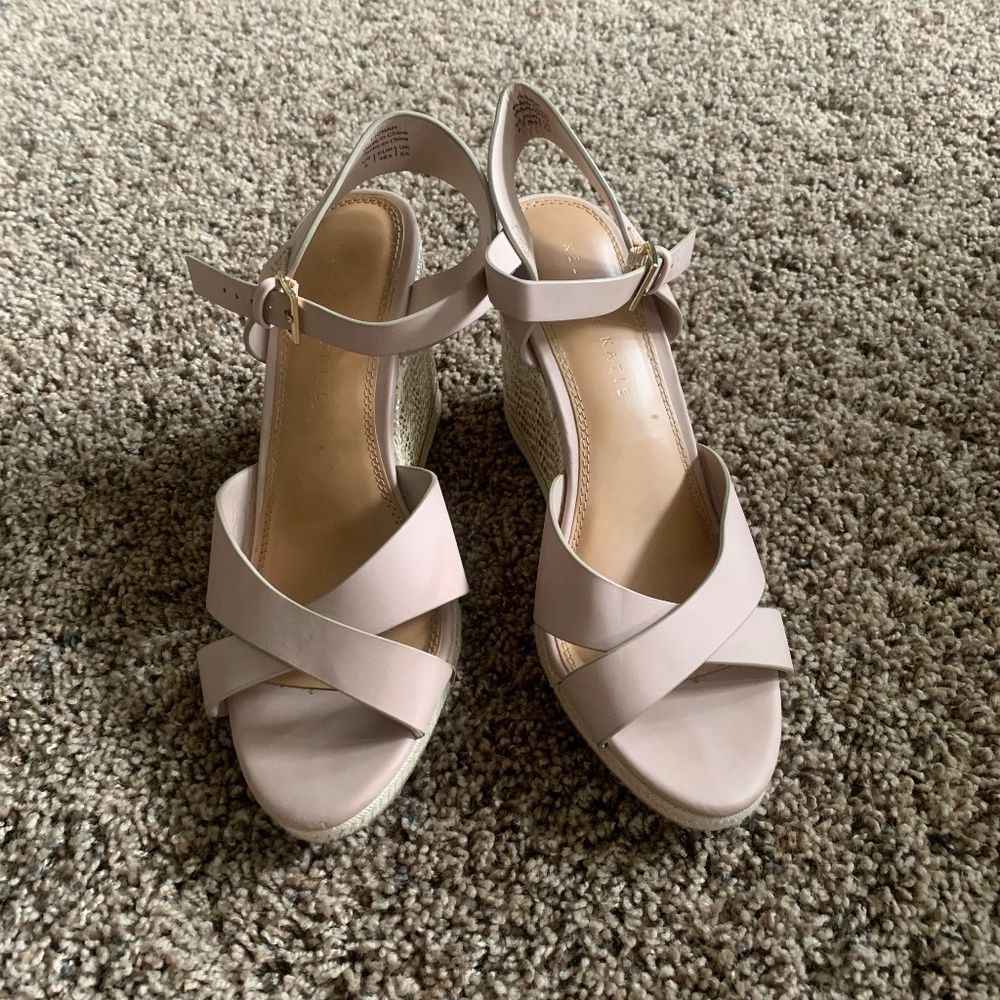 Kelly & Katie 3” Nude Wedges with Silver and Tan Straw Siding and Ankle Strap